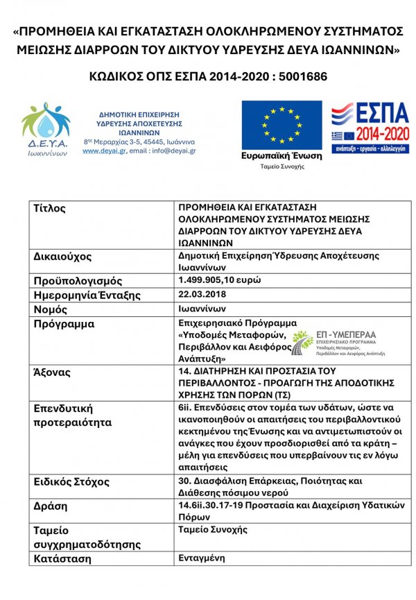 Προμήθεια και εγκατάσταση ολοκληρωμένου συστήματος μείωσης διαρροών του δικτύου ύδρευσης ΔΕΥΑ Ιωαννίνων