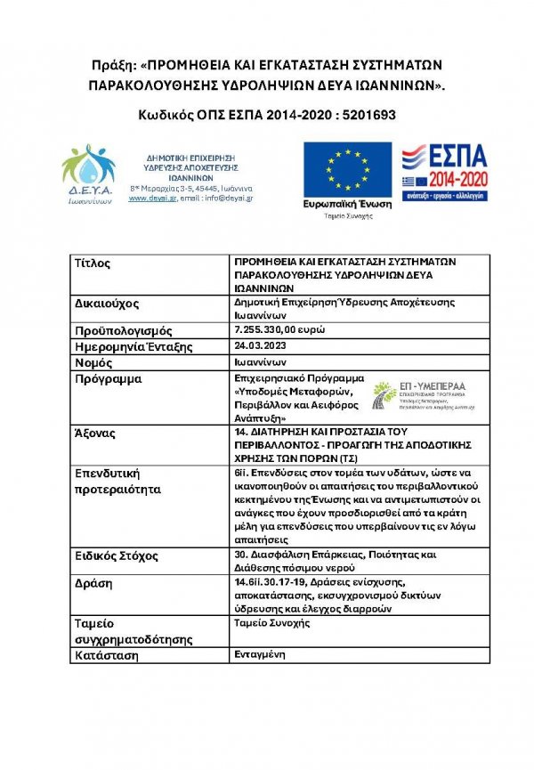 Προμήθεια και εγκατάσταση συστημάτων παρακολούθησης υδροληψιών ΔΕΥΑ Ιωαννίνων