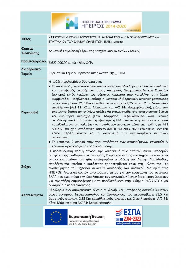 Κατασκευή δικτύων αποχέτευσης ακαθάρτων Δ.Κ. Νεοχωρόπουλου και Σταυρακίου του Δήμου Ιωαννιτών (MIS: 5034830)
