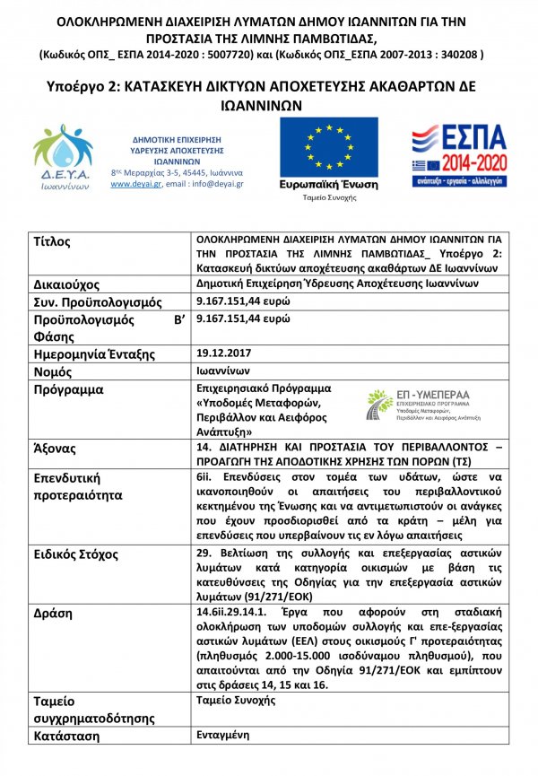 Υποέργο 2: Κατασκευή δικτύων αποχέτευσης ακαθάρτων ΔΕ Ιωαννίνων